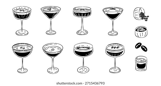 Eine Reihe von handgezeichneten Schwarz-Weiß-Illustrationen mit verschiedenen Stilen des Espresso Martini Cocktails in verschiedenen Gläsern mit Kaffeebohnen-Anstrich.
