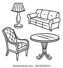 A set of hand-drawn black and white line art illustrations featuring classic living room furniture including a sofa, armchair, table, and lamp.