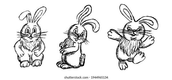 Set of hand-drawn black and white sketches of cute easter bunny in different poses. Rough linear freehand pencil drawing of a funny cartoon character