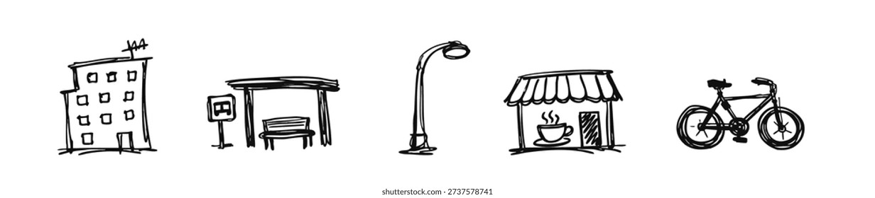 Set of hand-drawn black and white urban icons: building, bus stop, street light, coffee shop, and bike. Minimalist city life sketches.