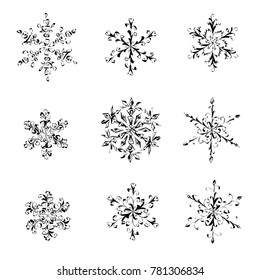 A set of hand-drawn black-and-white distorted and deformed sloppy snowflake with curls