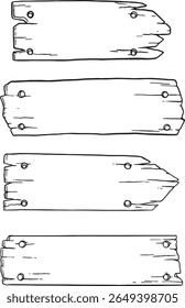 A set of hand-drawn blank wooden planks and arrow signs with nail holes, offering a rustic and vintage aesthetic. These versatile doodle elements are perfect for adding custom text, directions.