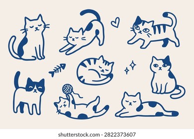 Set of hand-drawn blue cat doodles with hearts and fish bones