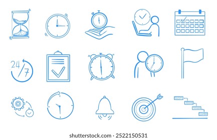 A set of hand-drawn blue icons representing time management concepts like deadlines, scheduling, reminders, and task completion.