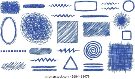 Set of Hand-Drawn Blue Shapes and Lines for Design Elements