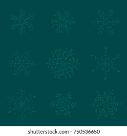 Set of hand-drawn blue snowflake with curls embroidered of intermittent dashes