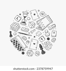 set of hand-drawn board games. sketch doodle of chess, checkers, go, dominoes, playing cards, scrabble, backgammon isolated on background. svg