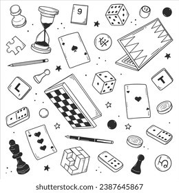 set of hand-drawn board games. sketch doodle of chess, checkers, go, dominoes, playing cards, scrabble, backgammon isolated on background. svg