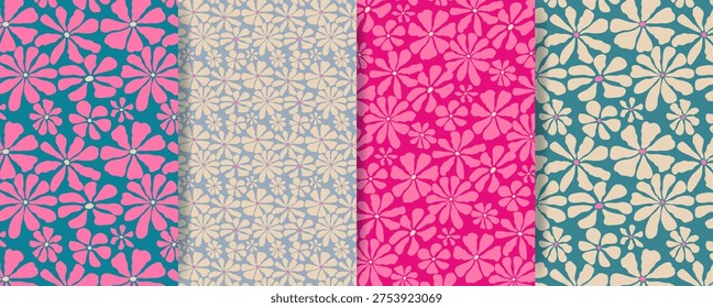 A set of hand-drawn boho floral patterns. Abstract flowers. Templates for packaging, prints, and advertising. Vector illustration.