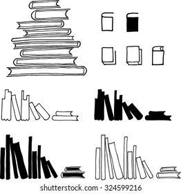 Set of hand-drawn book icons and sketches. Book silhouettes and piles of books. Abstract decor set. Isolated. Hand-drawn decor elements.