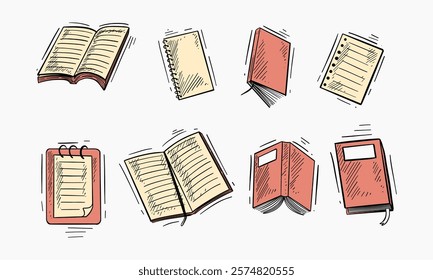 Set of hand-drawn books and notebooks in various open and closed positions.
