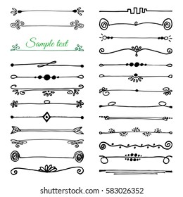 Set of handdrawn borders made with brush and ink. Pen borders. Isolated vector illustration on white background.
