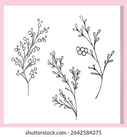 Set of hand-drawn botanical branches with round berries. Minimalist line art for nature-inspired designs, perfect for prints, packaging, logos, and DIY floral compositions.