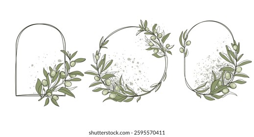 Set of hand-drawn botanical frames featuring olive branches, leaves, and watercolor splashes. Elegant and minimalist design,for invitations, branding, packaging, wedding decor.Vector illustration