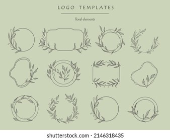 Set of the hand-drawn botanical round. Wedding flourish laurel wreaths for invitation card. Logo templates.