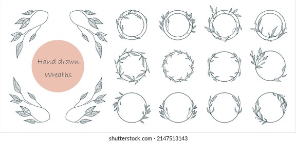 Set of the hand-drawn botanical round. Wedding flourish laurel wreaths for invitation card. Logo templates.