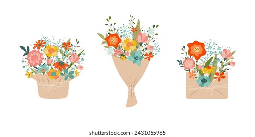 Set of hand-drawn bouquet of spring flowers in wrapping paper, envelope, isolated on a white background.Floral composition.Flostics.Vector stock illustration.