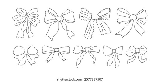 A set of hand-drawn bow doodles in black outline, perfect as girl hair accessories, fashion elements, or decorative items for holidays, gift wrapping, birthdays, Christmas, and New Year.