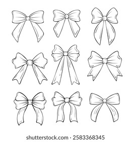 Set of hand-drawn bows. Outlined bows in different styles for gift tags, greeting cards, scrapbooking, design elements, patterns, coloring pages. Editable, customizable, isolated.