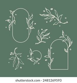 A set of hand-drawn branches for the design. The silhouette of branches with foliage, frames and arches with leaves.