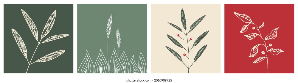 Eine Reihe handgezeichneter Äste, Blätter, Beeren und Kräuter. Herbarium auf mehrfarbigen quadratischen Fliesen. Doodpflanzen