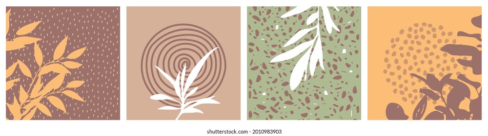 A set of hand-drawn branches, leaves, berries and herbs. Herbarium on multi-colored square tiles. Doodle plants and trees