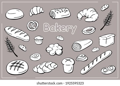 Set of hand-drawn bread and bakery in line style. Vector illustration. Pretzel, croissant, bagel, baguette, bun, cake, poppy roll, cookie, biscuit, strudel, cupcake, muffin, donut.