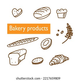 A set of hand-drawn bread doodles. A collection of pencil sketches with chalk for drawing lovers toasts, baguette with pretzel, croissant, wheat ear. Doodle illustration for baking food. Vector.