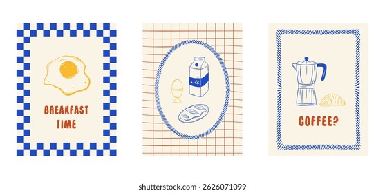 Set of hand-drawn breakfast posters with coffee, croissant, egg, milk, and bread. Minimalist vertical illustrations in ink line art style. Perfect for kitchen, decor, packaging. Vector.