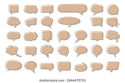 Set of hand-drawn brown speech and thought bubbles with shadows, isolated on white background. Comic style vector elements for messages or quotes.