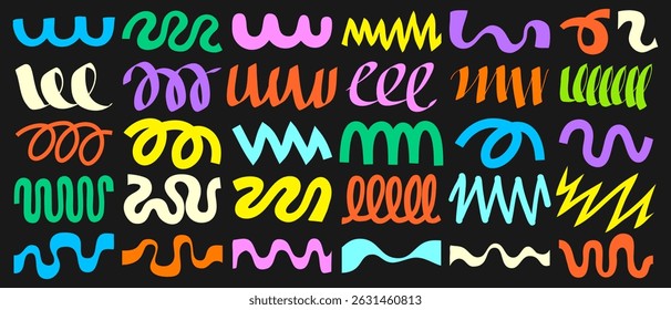 Set Of Hand-Drawn Brush Stroke Elements. Collection Of Wavy Line Patterns Vector Design.
