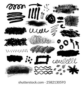 Set of hand-drawn brush strokes, scribbles, and doodles in black ink. Abstract artistic elements for design, textures, backgrounds, posters, and creative projects.