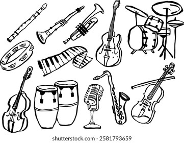 A set of hand-drawn brush-style illustrations featuring various jazz musical instruments, including saxophones, guitars, drums, clarinets, and vintage microphones. Ideal for jazz-themed designs