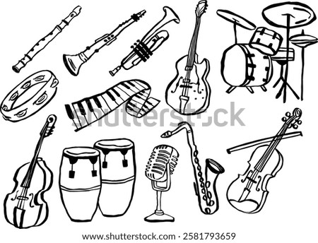 A set of hand-drawn brush-style illustrations featuring various jazz musical instruments, including saxophones, guitars, drums, clarinets, and vintage microphones. Ideal for jazz-themed designs