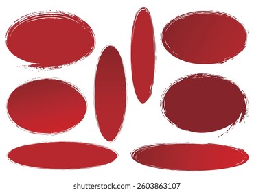Set of hand-drawn brush-touch ellipse circle frames in red