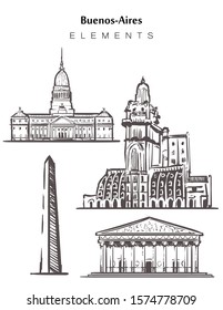 Set of hand-drawn Buenos Aires buildings, elements sketch vector illustration. The obelisk, the Cathedral, Palacio Barolo, Palace Of the national Congress of Argentina