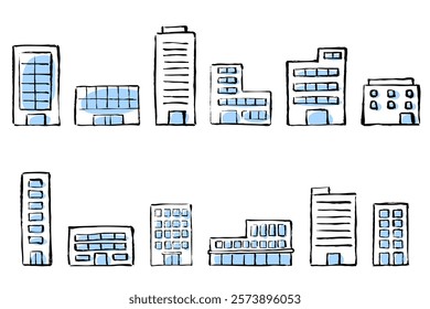 Set of hand-drawn building illustrations with brush touch