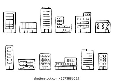 Set of hand-drawn building illustrations with brush touch