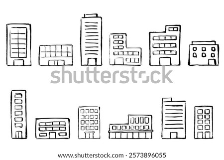 Set of hand-drawn building illustrations with brush touch