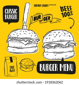 Set of hand-drawn burgers. Design element for menu, restaurant.