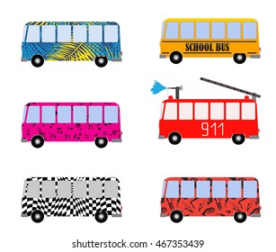 Set of Hand-Drawn Buses for: Vacation, School, Fire truck and Musical. Vector Illustration. EPS10