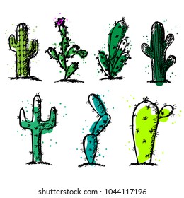 Set of hand-drawn cactuses on a white background. Vector illustration. Shades of green.