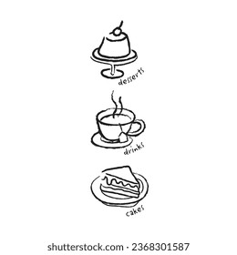 Set of hand-drawn cafe icons (black and white) for desserts, drinks and cakes.