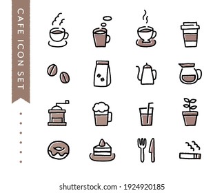 A set of hand-drawn cafe icons.
There are coffee, mugs, coffee beans, tea cups, cakes, sweets, etc.