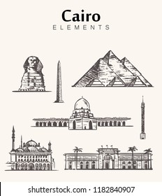 Set of hand-drawn Cairo buildings.Egypt sketch vector illustration.Mosque Of Muhammad Ali,Cairo tower,sphinx, pyramids of Giza and Cheops.