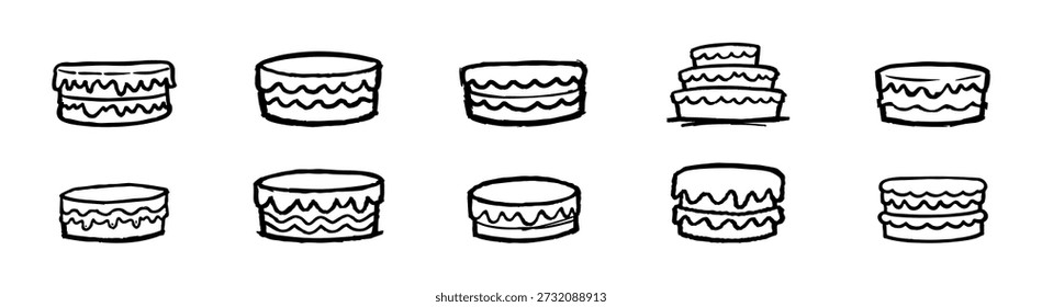 A set of hand-drawn cake illustrations in a black and white sketchy doodle style, featuring layered and tiered designs for bakery or party themes.