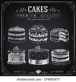 Set of hand-drawn cakes. Bakery sweet shop. Vector icons of cakes. Freehand drawing with imitation of chalk sketch