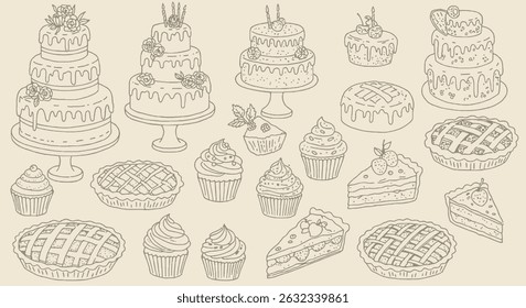 Set of hand-drawn cakes, cupcakes, pies, and sweets. Doodle-style line art perfect for bakery, wedding, or birthday-themed designs