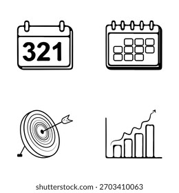 Establecer símbolos de paquete de iconos de negocios de flecha de destino de calendario dibujado a mano Logo