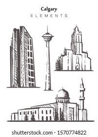 Set of hand-drawn Calgary buildings, elements sketch vector illustration. 